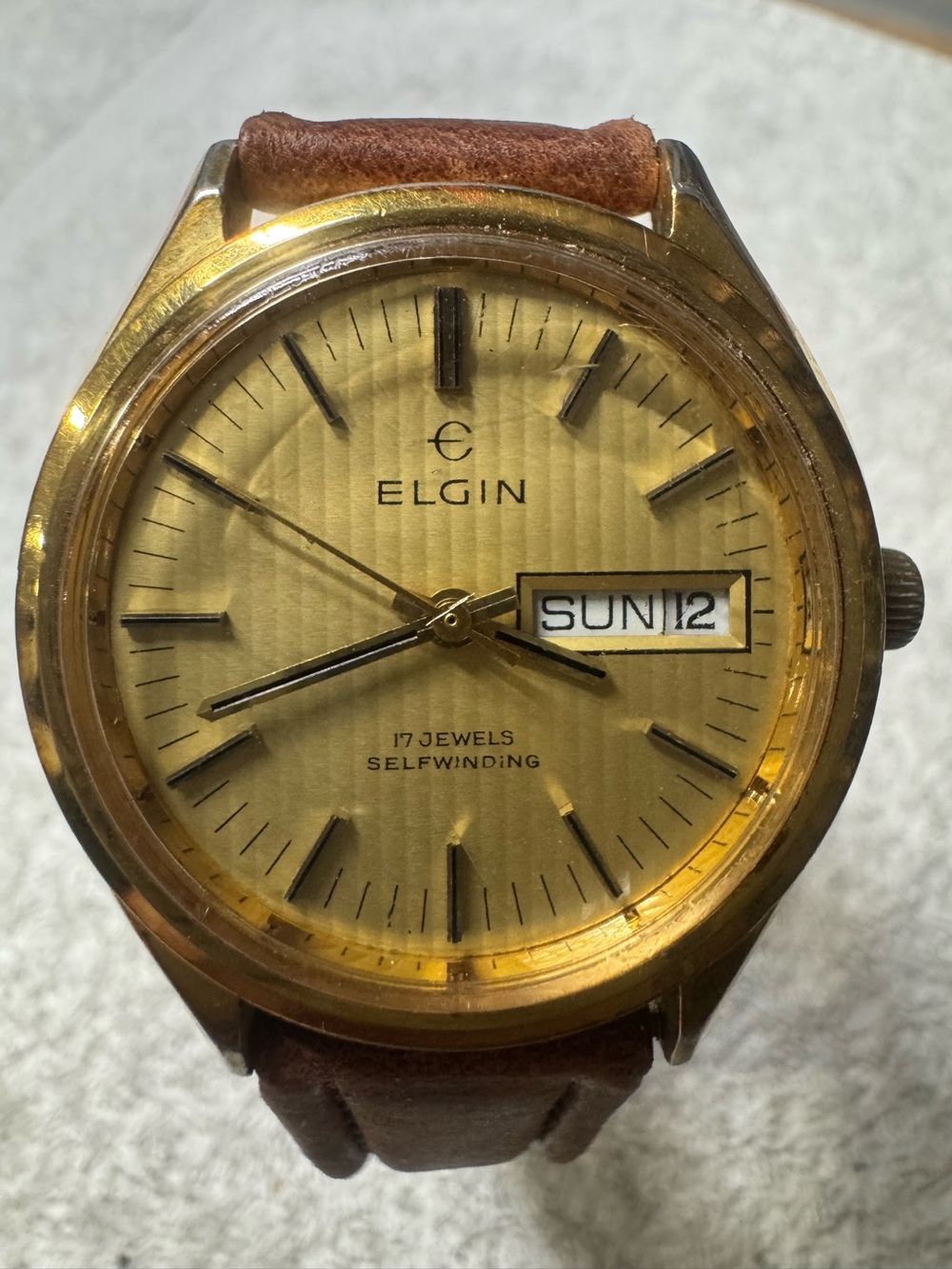 Elgin Gold-Tone Selfwinding Watch with Brown Leather Strap